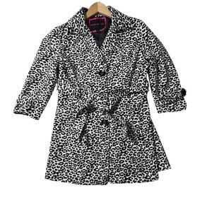 NWT Forever 21 Sz M Black/White Leopard Print Trench Coat Jacket 3/4 Sleeve Belt